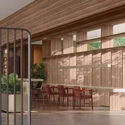 Comedor de tonos cálidos con paneles de madera y vista a una terraza