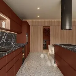 Cocina longitudinal con mobiliario en acabado Mamba